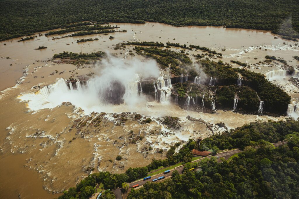 Explore the breathtaking aerial view of Iguazu Falls, a world-renowned natural landmark.